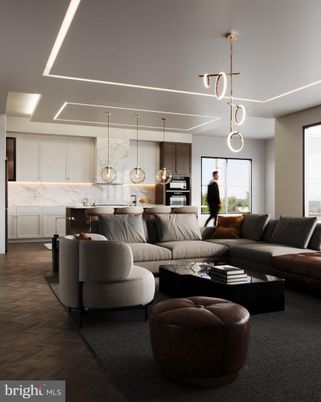 Interior, Kitchen, Living room, Marble Walls, Pendant Lights, Wood Texture Flooring
