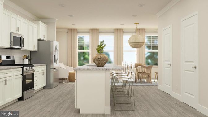 Dining room, Interior, Kitchen, Pendant Lights, Recessed Lighting, Wood Texture Flooring