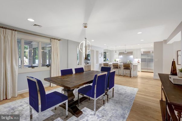 Dining room, Interior, Kitchen, Pendant Lights, Recessed Lighting, Wood Texture Flooring