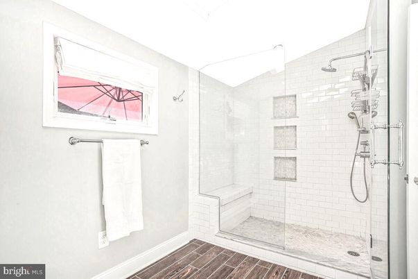 Bathroom, Glass Shower, Interior, Wood Texture Flooring