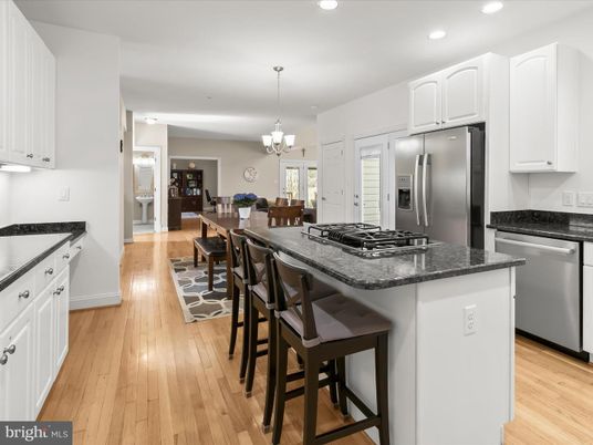 Chandelier, Dining room, Interior, Kitchen, Recessed Lighting, Stainless Steel Appliances, Wood Texture Flooring