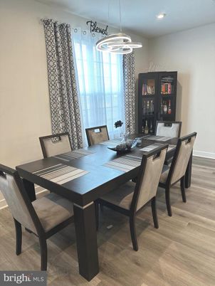 Dining room, Interior, Pendant Lights, Recessed Lighting, Wood Texture Flooring