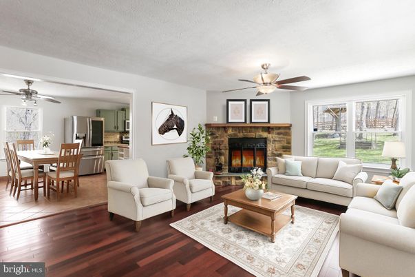 Dining room, Fireplace, Interior, Kitchen, Living room, Stainless Steel Appliances, Wood Texture Flooring