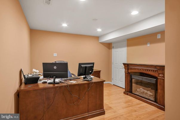 Fireplace, Home Office, Interior, Recessed Lighting, Wood Texture Flooring