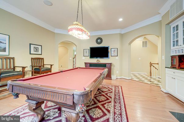 Billiard Table, Game Room, Interior, Pendant Lights, Recessed Lighting, Wood Texture Flooring