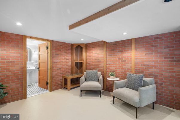Bathroom, Interior, Recessed Lighting, Stone Walls, Wooden Beams