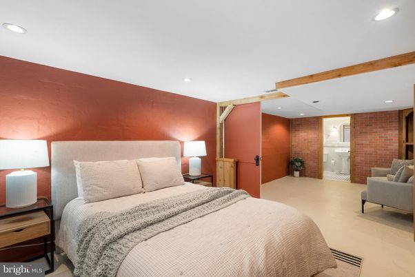 Bedroom, Interior, Recessed Lighting, Stone Walls, Wooden Beams