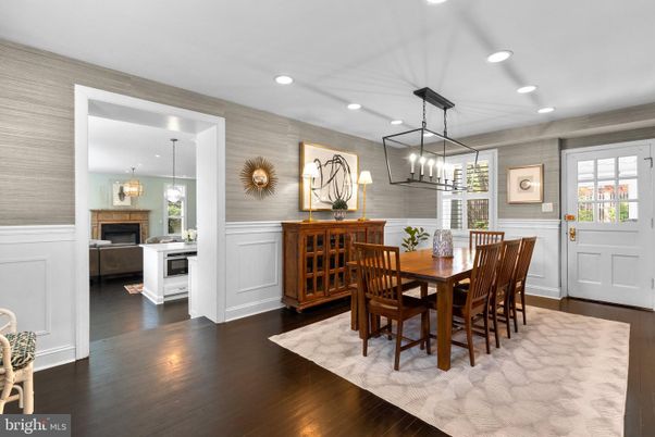 Dining room, Fireplace, Interior, Pendant Lights, Recessed Lighting, Wood Texture Flooring