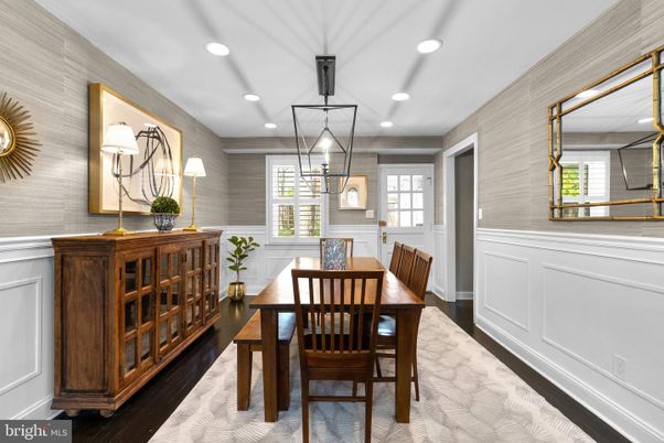 Dining room, Interior, Pendant Lights, Recessed Lighting, Wood Texture Flooring