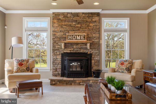 Fireplace, Interior, Living room, Recessed Lighting, Stone Walls
