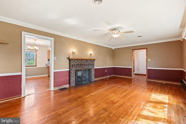 Chandelier, Empty room, Fireplace, Interior, Wood Texture Flooring