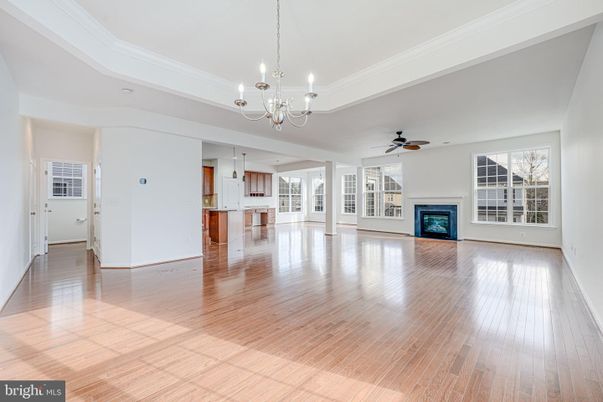 Chandelier, Empty room, Fireplace, Interior, Kitchen, Wood Texture Flooring