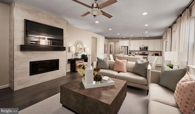 Fireplace, Interior, Kitchen, Living room, Pendant Lights, Recessed Lighting, Stainless Steel Appliances, Wood Texture Flooring