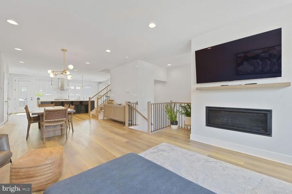 Dining room, Fireplace, Interior, Kitchen, Pendant Lights, Recessed Lighting, Wood Texture Flooring