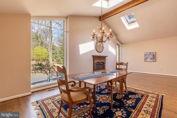 Chandelier, Dining room, Fireplace, Interior, Wooden Beams, Wood Texture Flooring