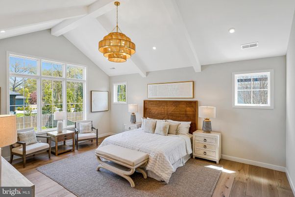 Bedroom, Chandelier, Interior, Recessed Lighting, Wood Texture Flooring