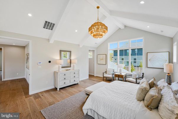 Bedroom, Chandelier, Interior, Pendant Lights, Recessed Lighting, Wood Texture Flooring