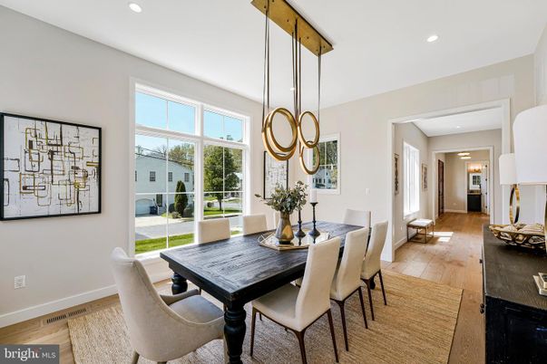 Dining room, Interior, Pendant Lights, Recessed Lighting, Wood Texture Flooring