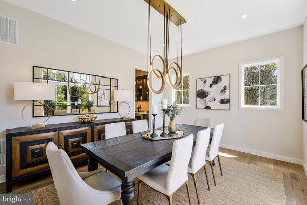 Dining room, Interior, Pendant Lights, Recessed Lighting, Wood Texture Flooring