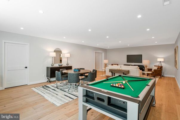 Billiard Table, Dining room, Game Room, Interior, Living room, Recessed Lighting, Wood Texture Flooring