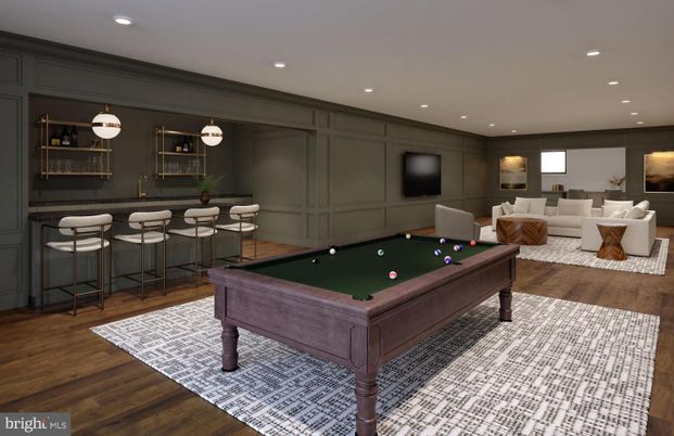Billiard Table, Game Room, Interior, Living room, Pendant Lights, Recessed Lighting, Wood Texture Flooring