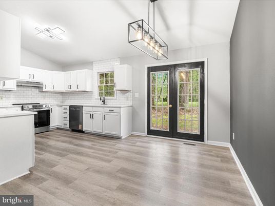 Interior, Kitchen, Pendant Lights, Stainless Steel Appliances, Wood Texture Flooring