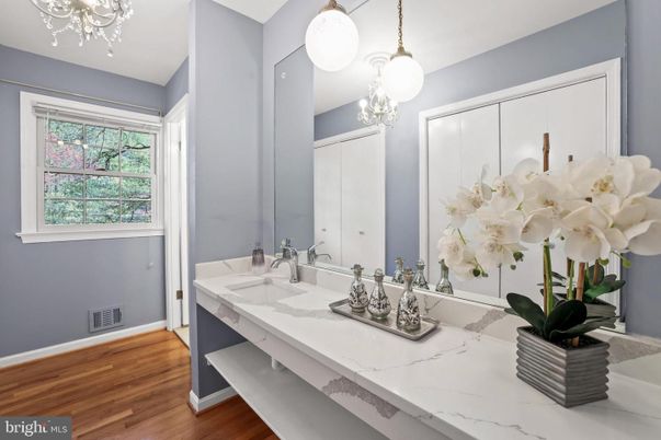Bathroom, Dual Sink Vanities, Interior, Pendant Lights, Wood Texture Flooring