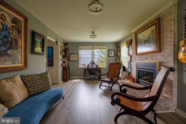Fireplace, Home Office, Interior, Stone Walls, Wood Texture Flooring