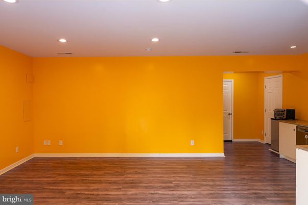 Empty room, Interior, Kitchen, Recessed Lighting, Wood Texture Flooring