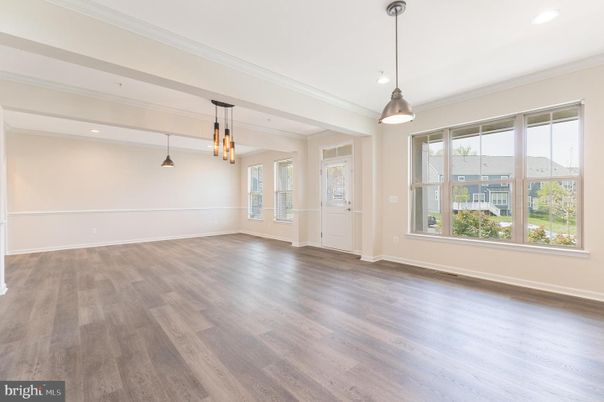 Empty room, Interior, Pendant Lights, Recessed Lighting, Wood Texture Flooring