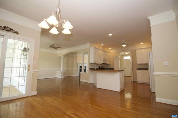 Chandelier, Empty room, Interior, Kitchen, Recessed Lighting, Wood Texture Flooring