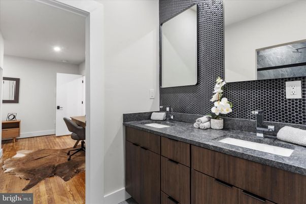 Bathroom, Dual Sink Vanities, Interior, Recessed Lighting, Wood Texture Flooring