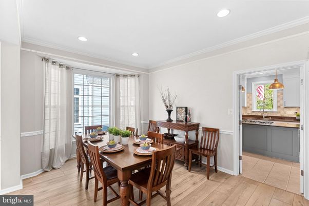 Dining room, Interior, Pendant Lights, Recessed Lighting, Wood Texture Flooring