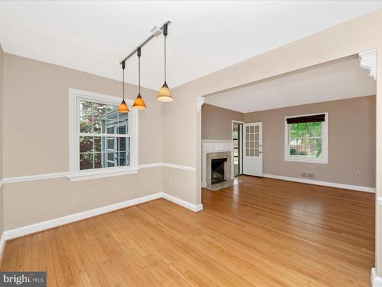 Empty room, Fireplace, Interior, Pendant Lights, Wood Texture Flooring