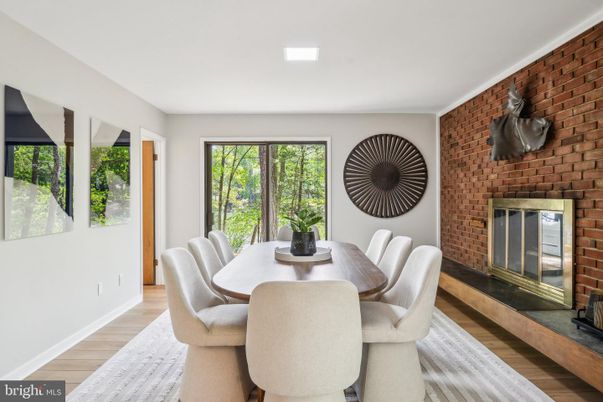 Dining room, Fireplace, Interior, Stone Walls, Wood Texture Flooring