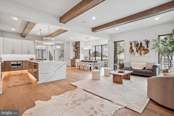 Interior, Kitchen, Living room, Pendant Lights, Recessed Lighting, Stainless Steel Appliances, Wooden Beams, Wood Texture Flooring