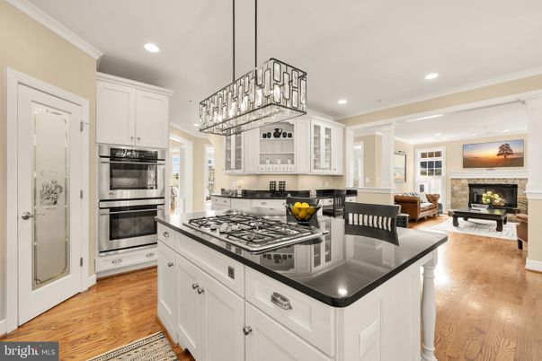 Fireplace, Interior, Kitchen, Living room, Pendant Lights, Recessed Lighting, Stainless Steel Appliances, Wood Texture Flooring