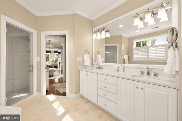 Bathroom, Dual Sink Vanities, Glass Shower, Interior, Recessed Lighting