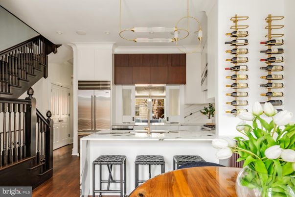 Interior, Kitchen, Pendant Lights, Recessed Lighting, Stainless Steel Appliances, Wine Storage, Wood Texture Flooring