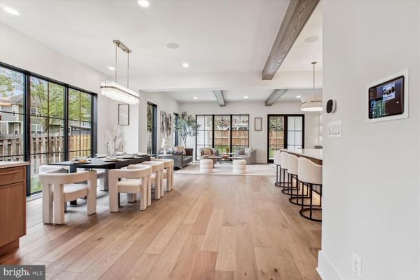 Chandelier, Dining room, Interior, Living room, Pendant Lights, Recessed Lighting, Wooden Beams, Wood Texture Flooring