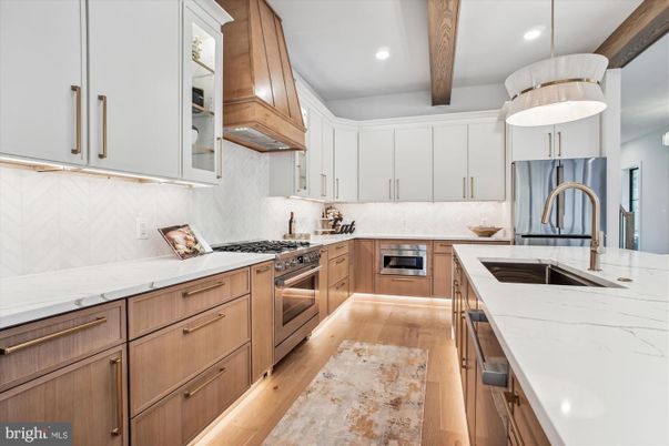 Interior, Kitchen, Pendant Lights, Recessed Lighting, Stainless Steel Appliances, Wooden Beams, Wood Texture Flooring