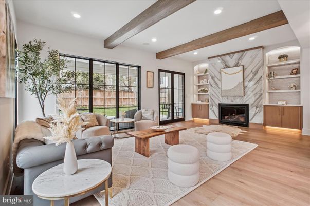 Fireplace, Interior, Living room, Recessed Lighting, Wooden Beams, Wood Texture Flooring