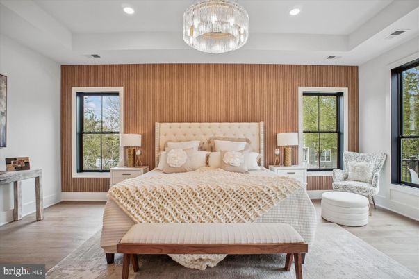 Bedroom, Chandelier, Interior, Recessed Lighting, Wood Texture Flooring