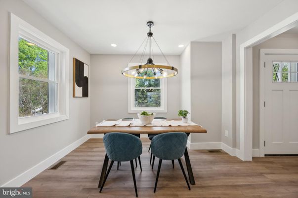 Dining room, Interior, Pendant Lights, Recessed Lighting, Wood Texture Flooring