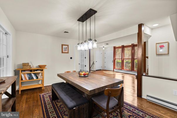Dining room, Interior, Pendant Lights, Recessed Lighting, Wood Texture Flooring