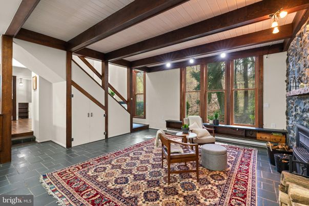 Fireplace, Interior, Recessed Lighting, Wooden Beams