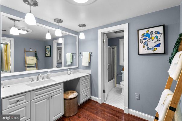 Bathroom, Dual Sink Vanities, Interior, Pendant Lights, Wood Texture Flooring