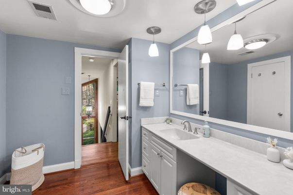 Bathroom, Dual Sink Vanities, Interior, Pendant Lights, Wood Texture Flooring