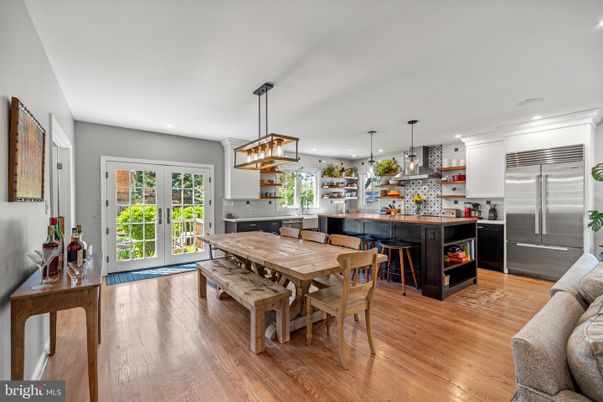 Dining room, Interior, Kitchen, Pendant Lights, Recessed Lighting, Stainless Steel Appliances, Wood Texture Flooring