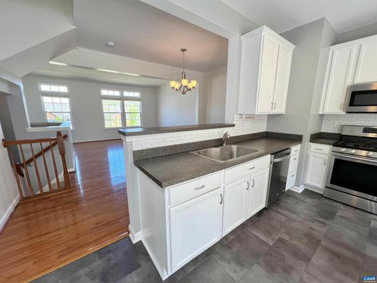Chandelier, Interior, Kitchen, Stainless Steel Appliances, Wood Texture Flooring